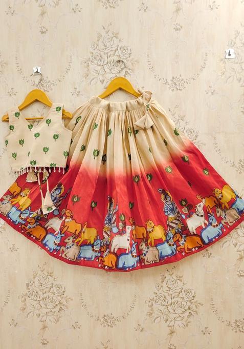 Red Printed Silk Lehenga Set For Girls — view on Indya