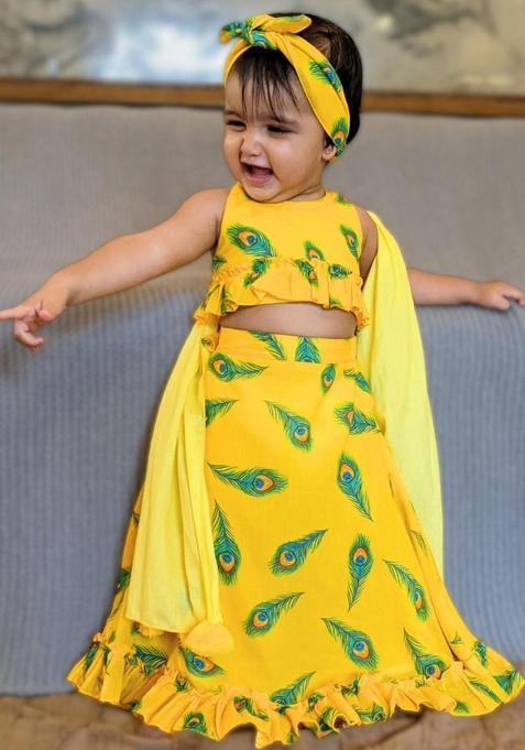 Yellow Printed Cotton Lehenga Set For Girls — view on Indya