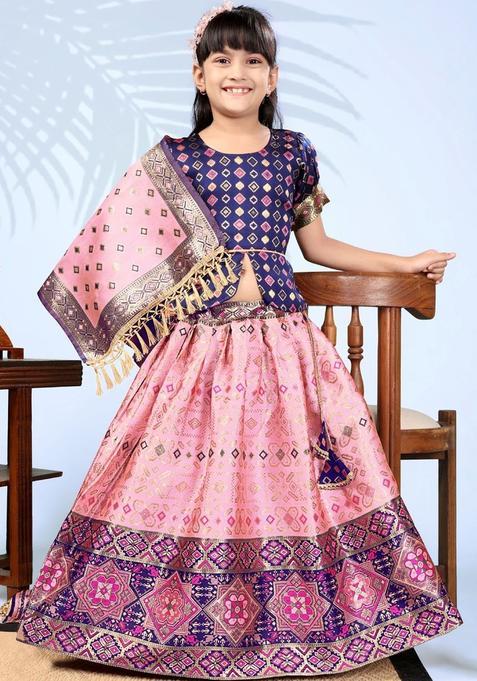 Pink Woven Design Silk Lehenga Set For Girls — view on Indya