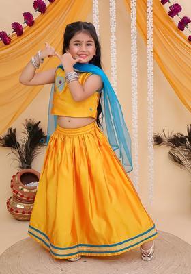 Yellow Embroidered Silk Lehenga Set For Girls