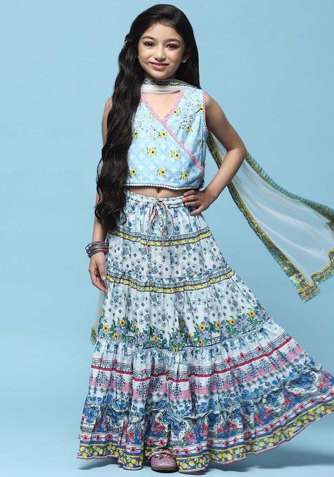 White Printed Cotton Lehenga Set For Girls — view on Indya