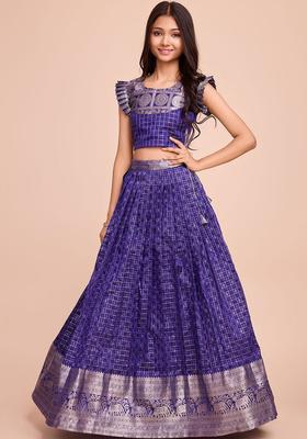 Purple Woven Design Silk Lehenga Set For Girls