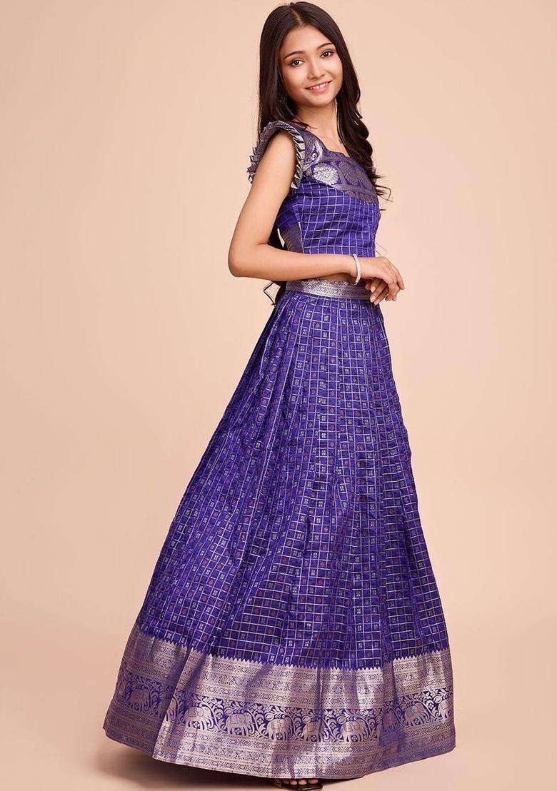 Purple Woven Design Silk Lehenga Set For Girls - Indya
