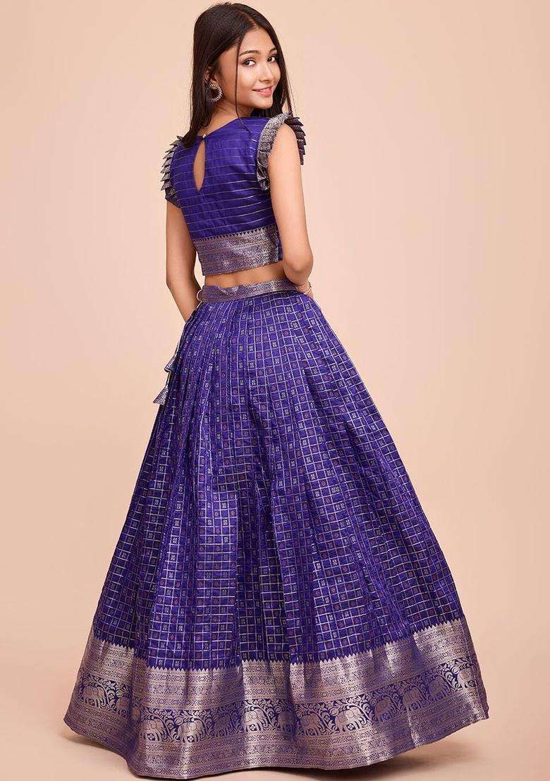 Purple Woven Design Silk Lehenga Set For Girls - Indya