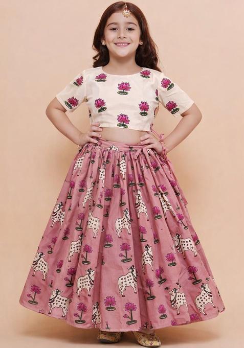 Pink Printed Cotton Lehenga Set For Girls — view on Indya