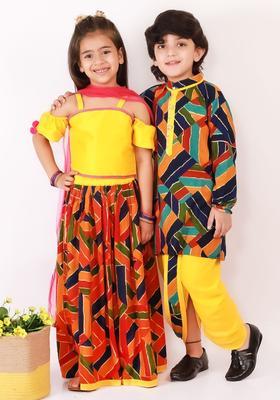 Yellow Solid Silk Lehenga Set For Girls