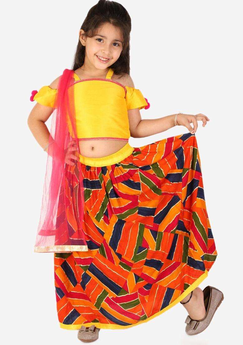 Yellow Solid Silk Lehenga Set For Girls - Indya