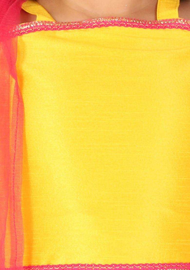 Yellow Solid Silk Lehenga Set For Girls - Indya