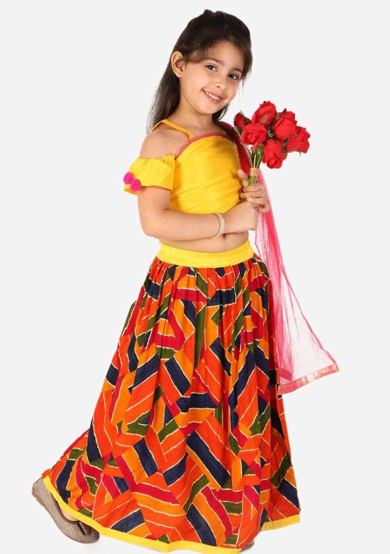 Yellow Solid Silk Lehenga Set For Girls - Indya