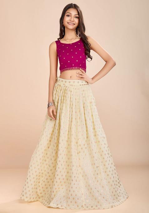 Pink Embroidered Silk Lehenga Set For Girls — view on Indya