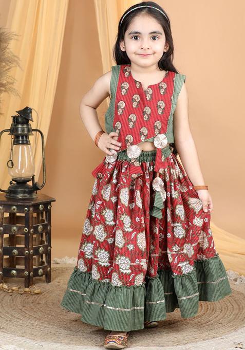 Red Printed Cotton Lehenga Set For Girls — view on Indya