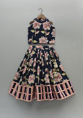 Blue Printed Polyester Lehenga Set For Girls