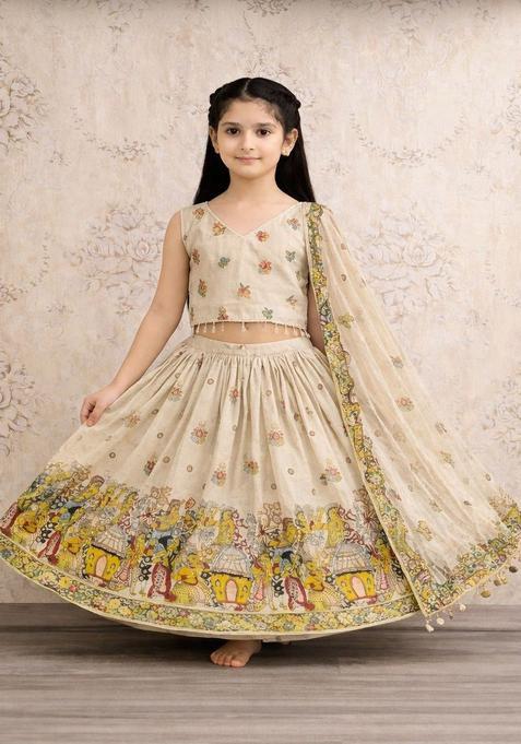 Beige Printed Silk Lehenga Set For Girls — view on Indya