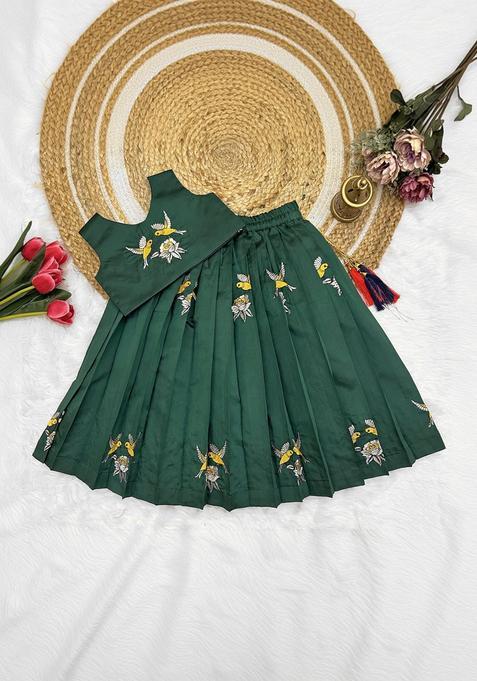 Green Embroidered Cotton Lehenga Set For Girls — view on Indya
