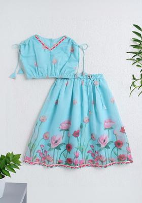 Blue Printed Polyester Lehenga Set For Girls