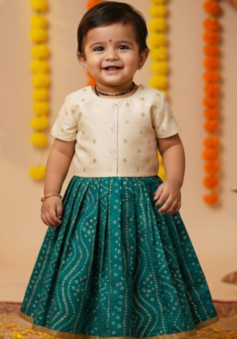 Green Embellished Cotton Lehenga Set For Girls — view on Indya
