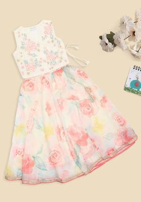 White Embroidered Cotton Lehenga Set For Girls