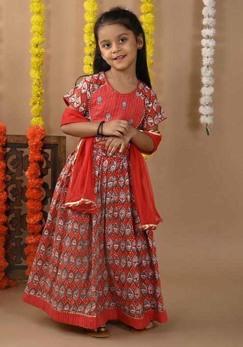 Red Printed Cotton Lehenga Set For Girls — view on Indya
