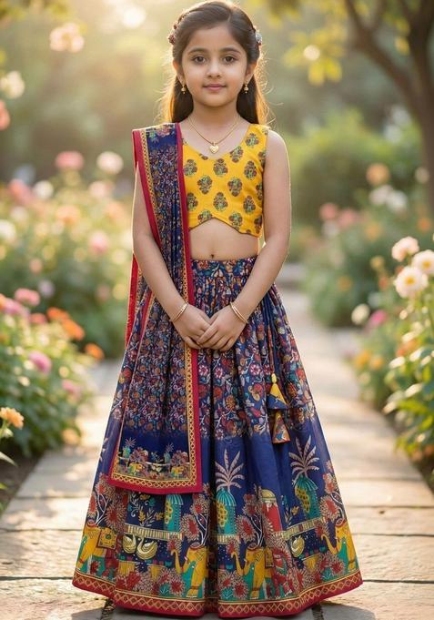 Multi Printed Silk Lehenga Set For Girls — view on Indya