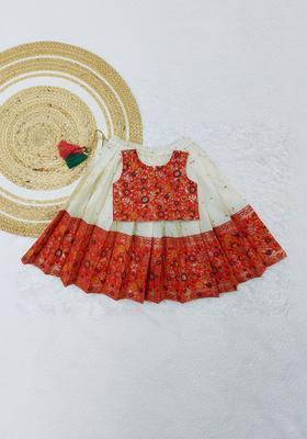 Beige Embroidered Silk Lehenga Set For Girls