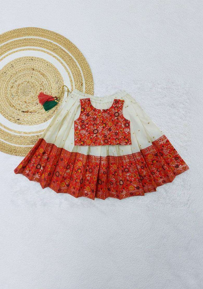Beige Embroidered Silk Lehenga Set For Girls - Indya