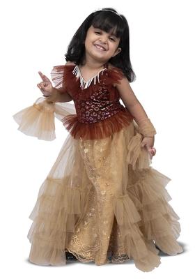 Maroon Embellished Polyester Lehenga Set For Girls