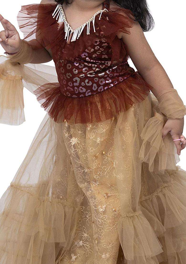 Maroon Embellished Polyester Lehenga Set For Girls - Indya