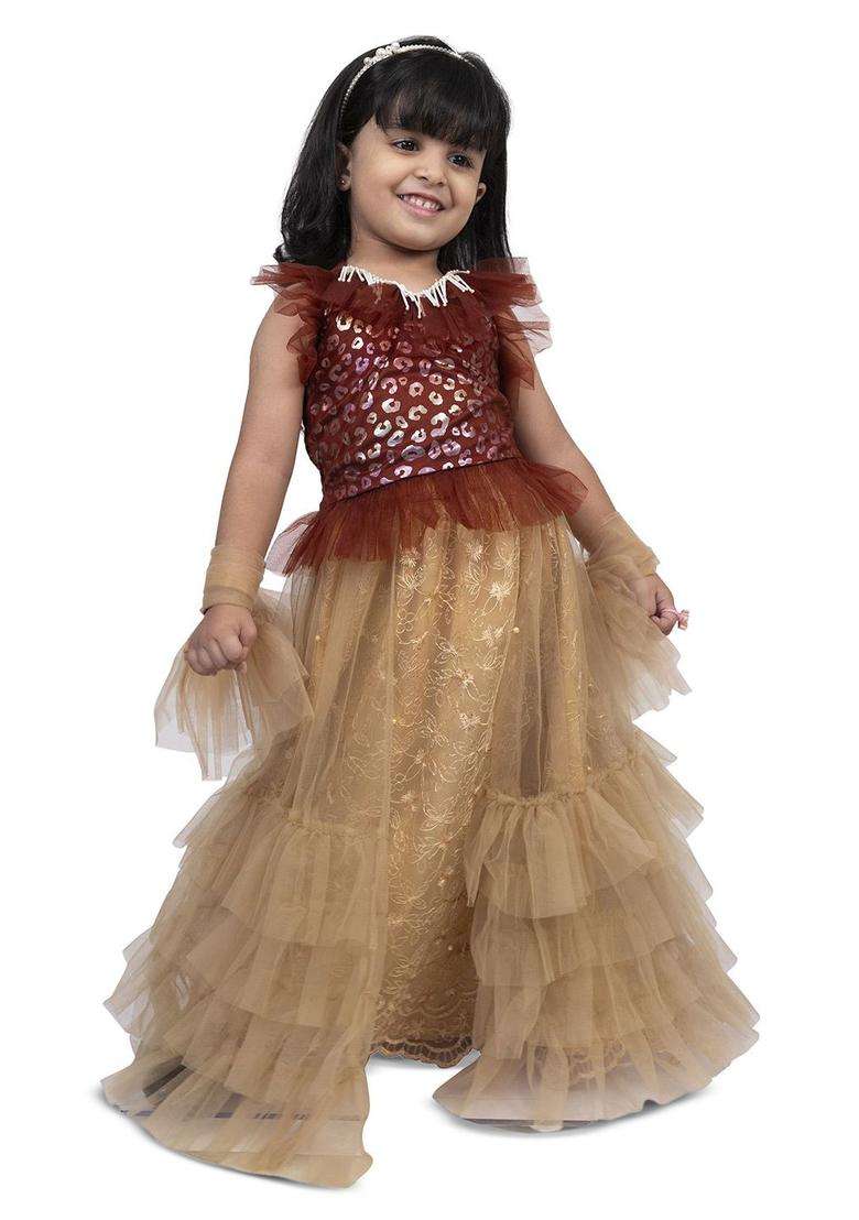 Maroon Embellished Polyester Lehenga Set For Girls - Indya