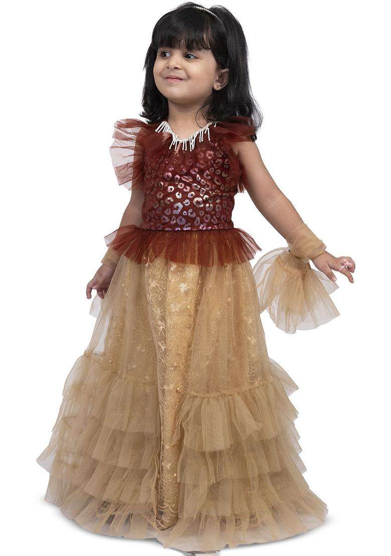 Maroon Embellished Polyester Lehenga Set For Girls - Indya