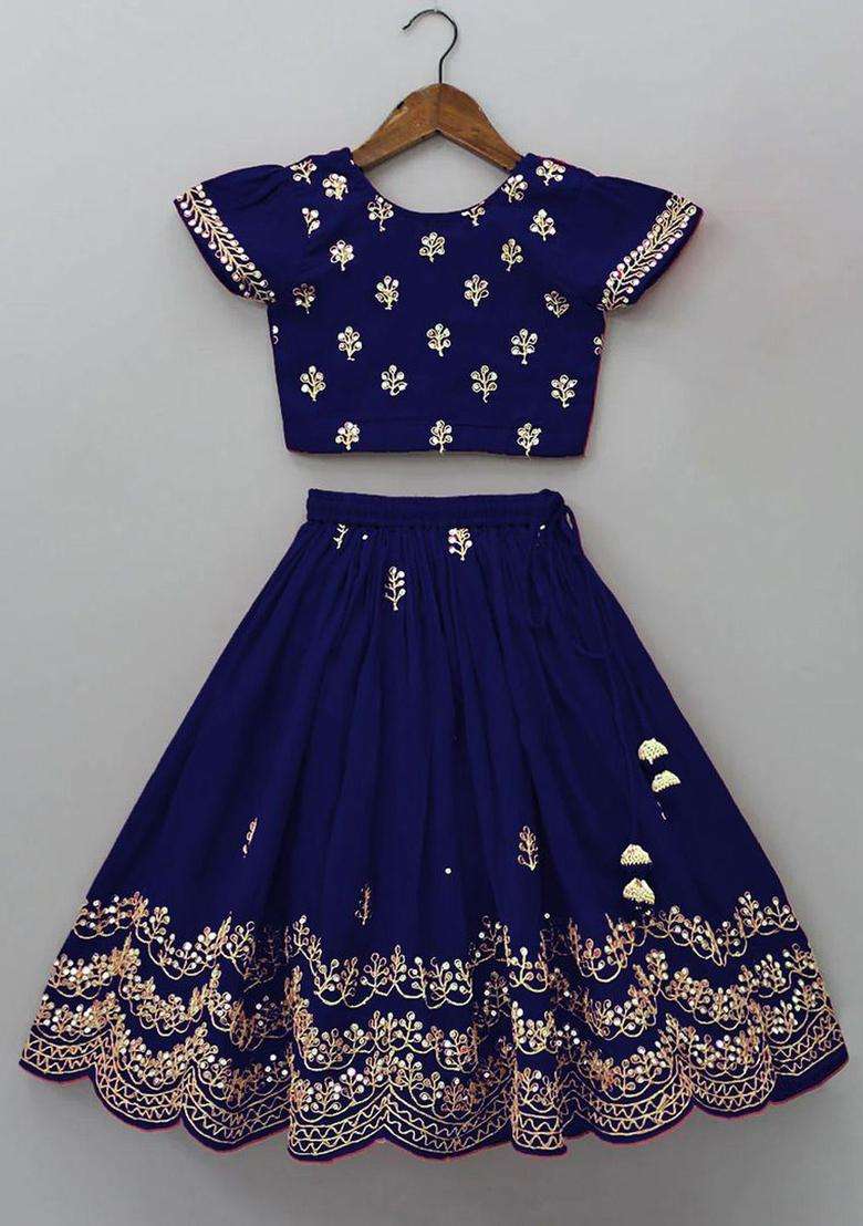 Blue Embroidered Silk Lehenga Set For Girls - Indya