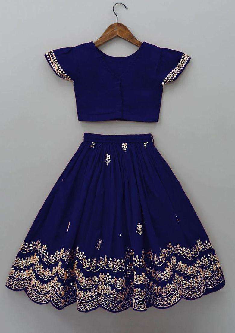 Blue Embroidered Silk Lehenga Set For Girls - Indya