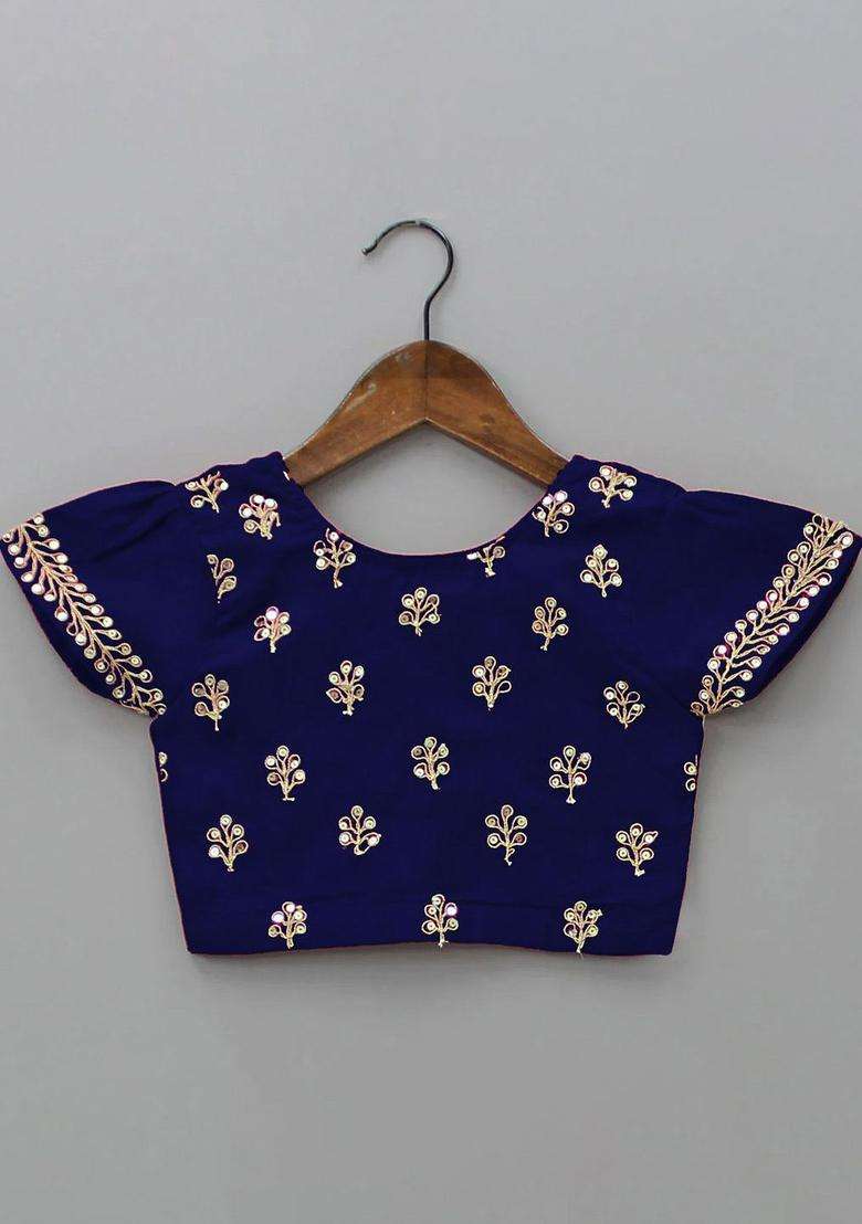 Blue Embroidered Silk Lehenga Set For Girls - Indya