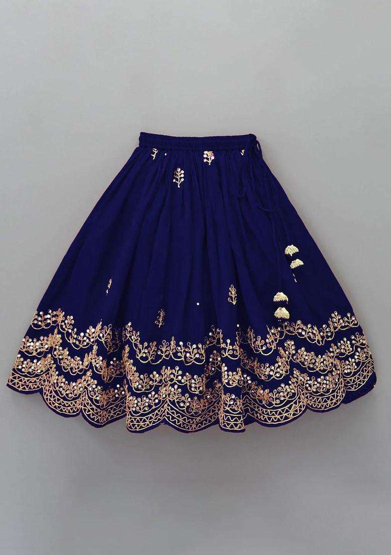 Blue Embroidered Silk Lehenga Set For Girls - Indya