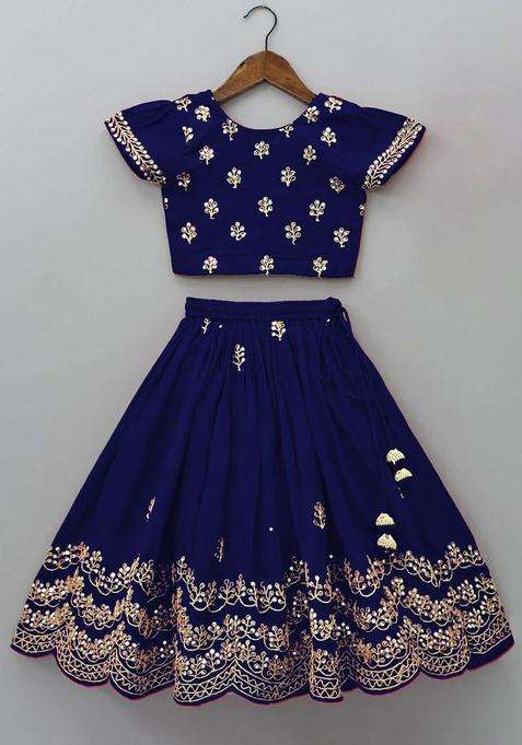 Blue Embroidered Silk Lehenga Set For Girls