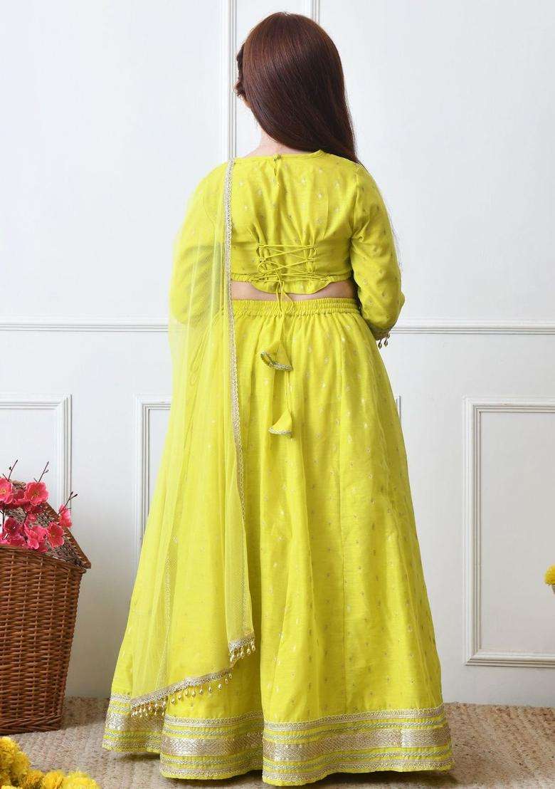 Green Embroidered Georgette Lehenga Set For Girls - Indya