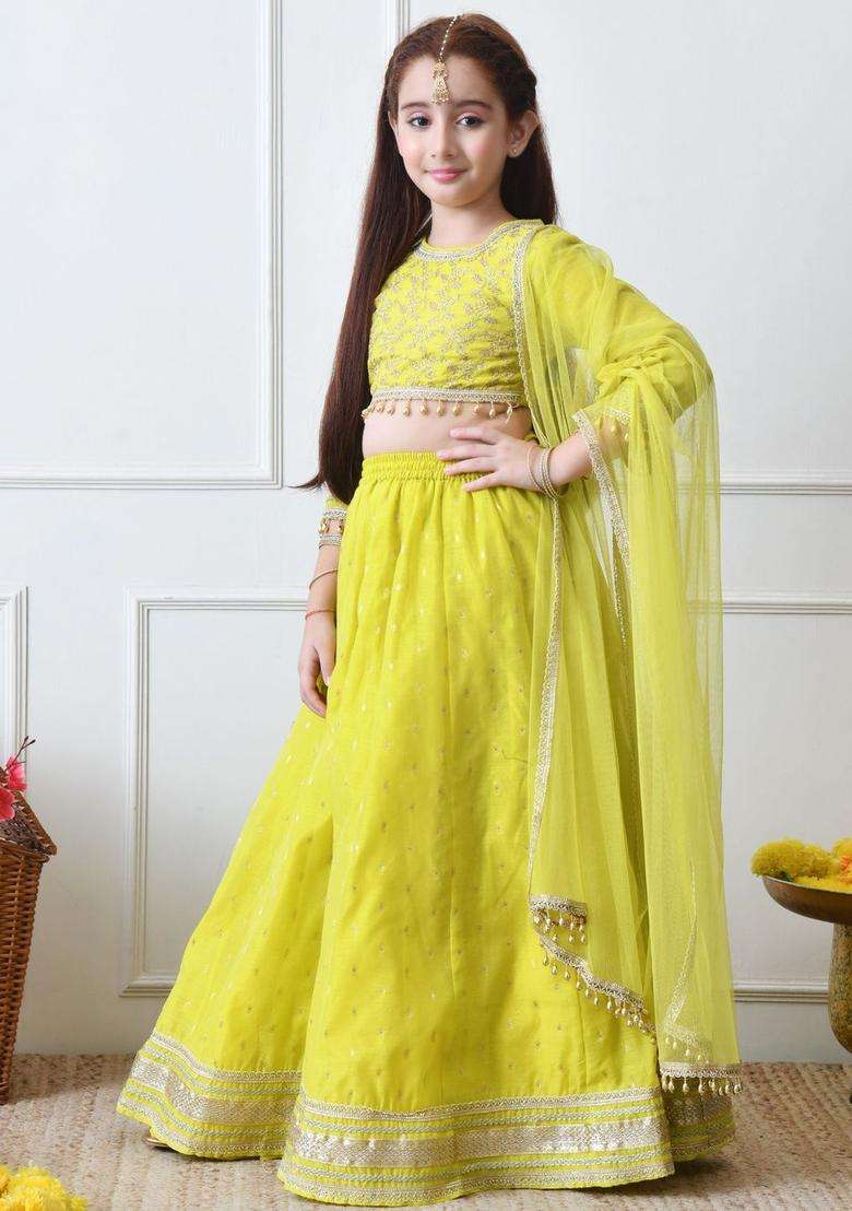 Green Embroidered Georgette Lehenga Set For Girls - Indya