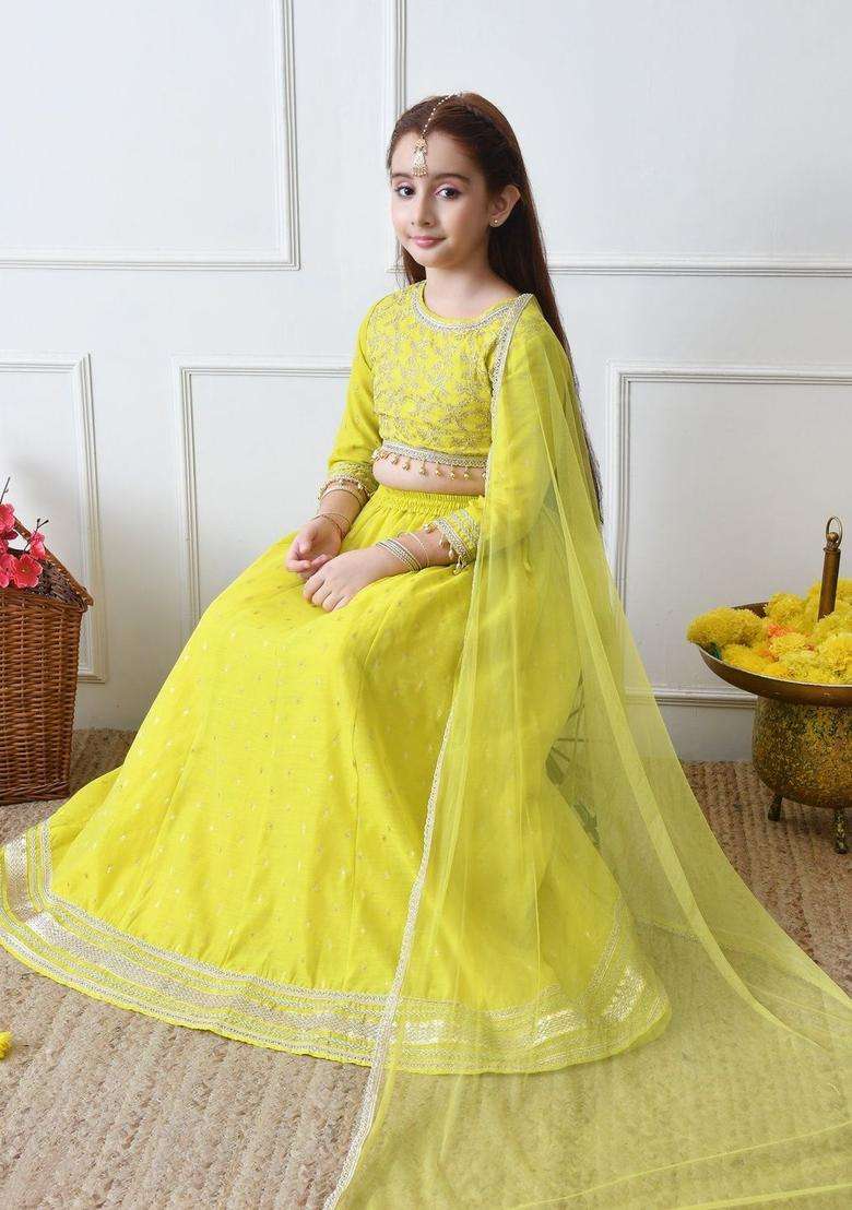 Green Embroidered Georgette Lehenga Set For Girls - Indya
