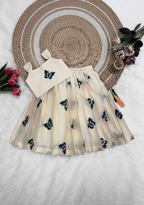 Beige Embroidered Georgette Lehenga Set For Girls
