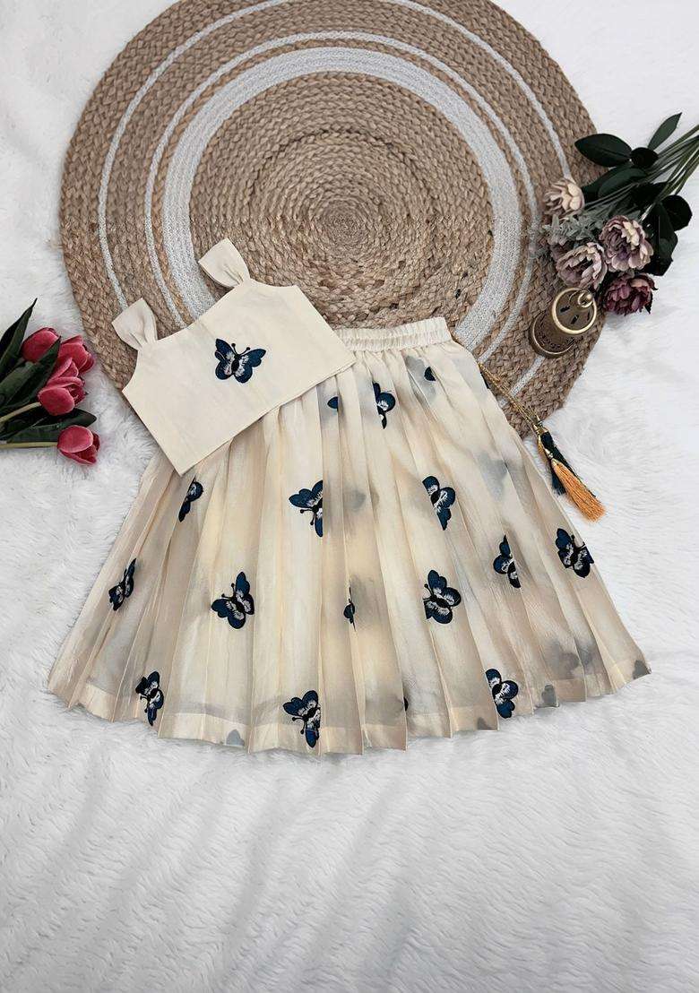 Beige Embroidered Georgette Lehenga Set For Girls - Indya