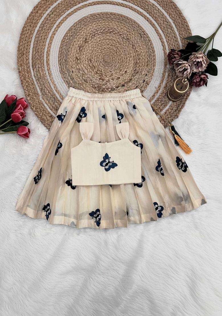 Beige Embroidered Georgette Lehenga Set For Girls - Indya