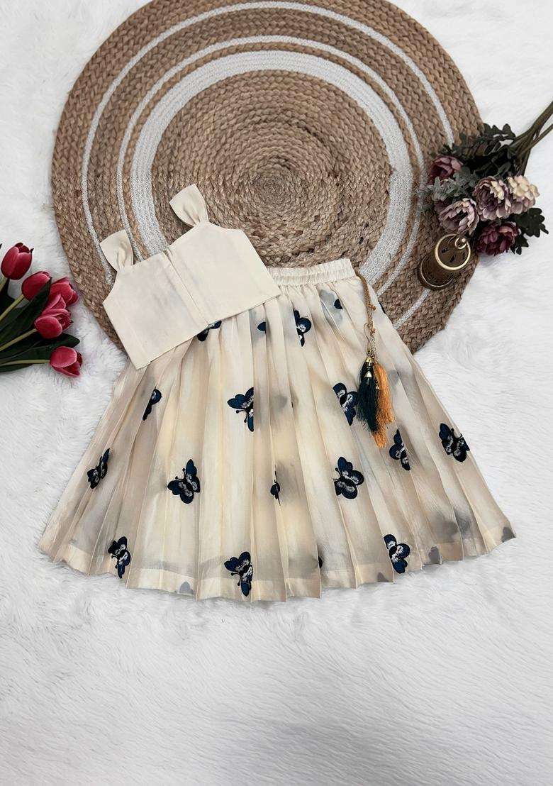 Beige Embroidered Georgette Lehenga Set For Girls - Indya