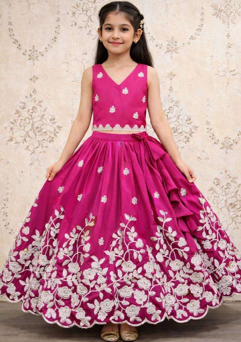 Pink Embroidered Silk Lehenga Set For Girls - Indya