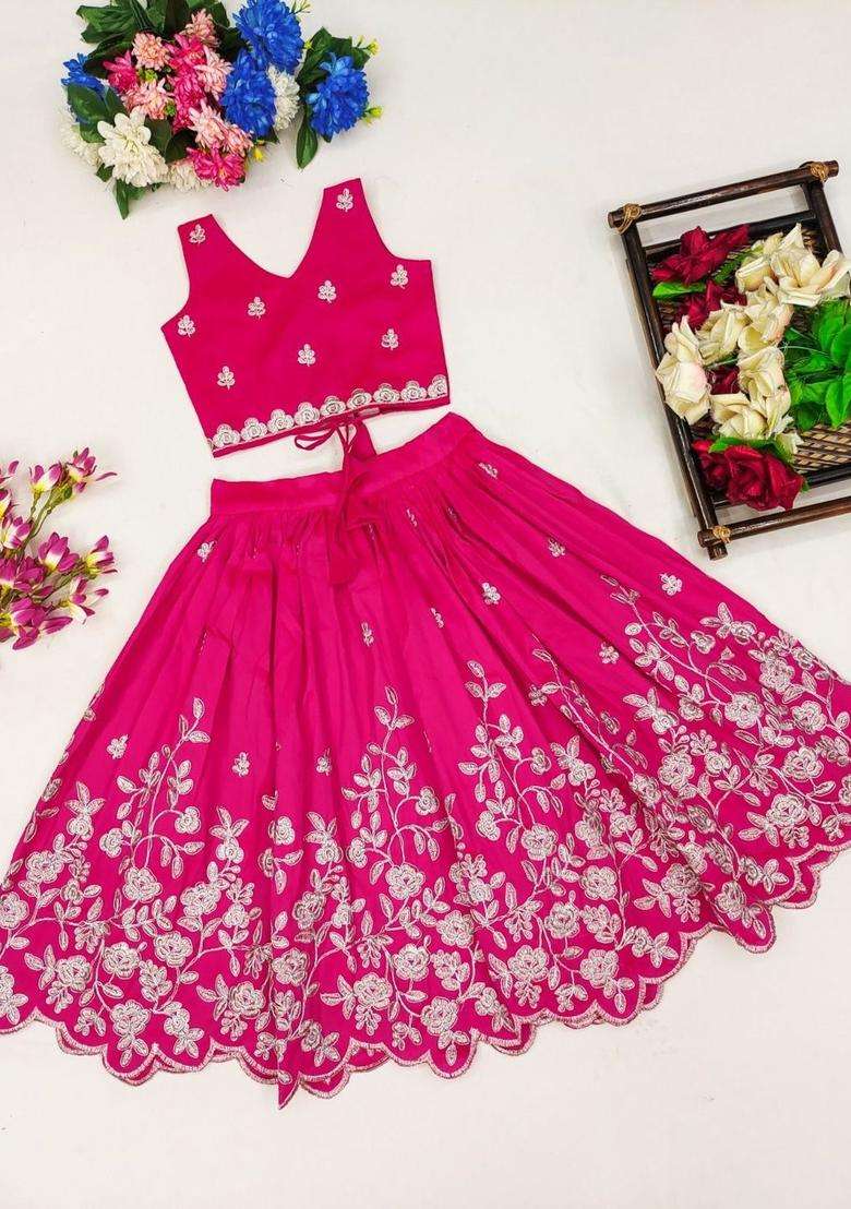 Pink Embroidered Silk Lehenga Set For Girls - Indya