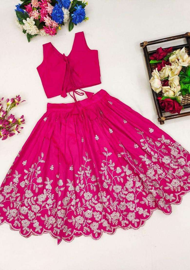 Pink Embroidered Silk Lehenga Set For Girls - Indya