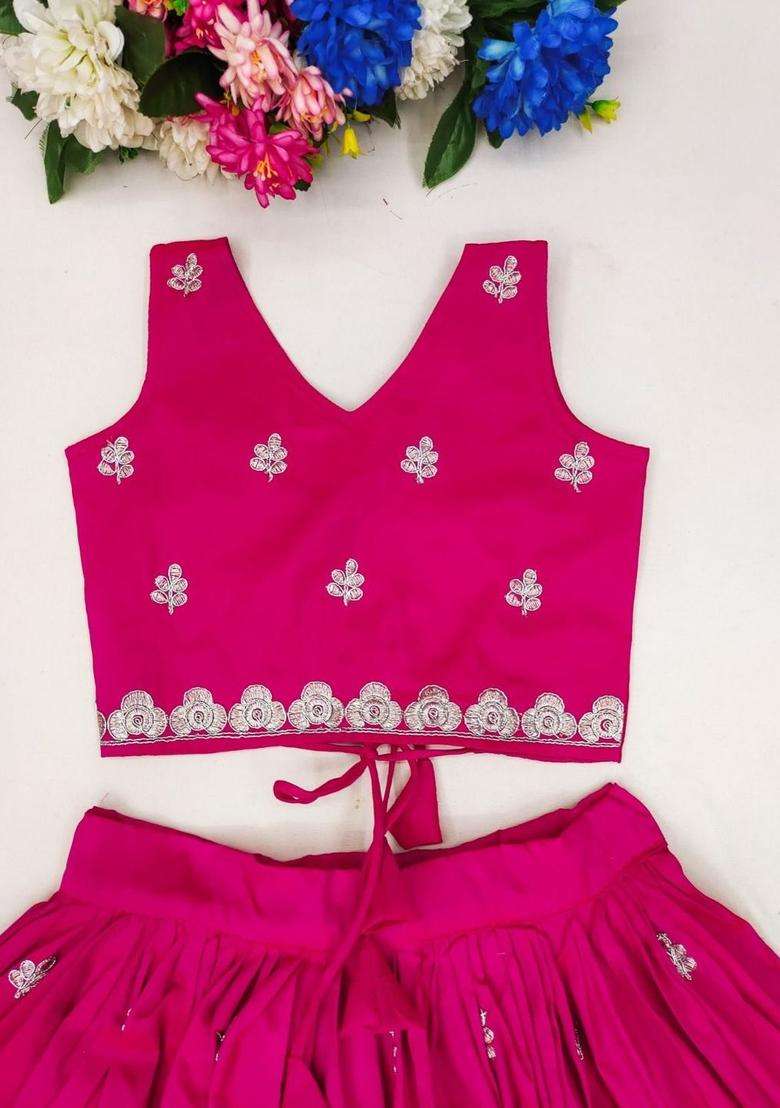 Pink Embroidered Silk Lehenga Set For Girls - Indya