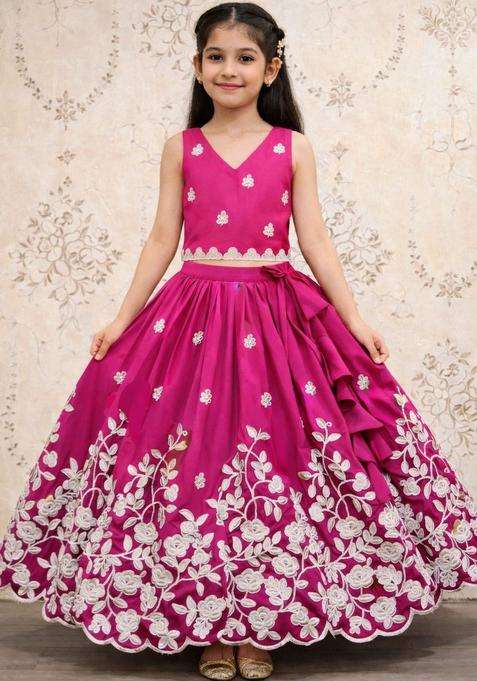 Pink Embroidered Silk Lehenga Set For Girls