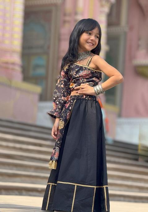 Black Printed Cotton Lehenga Set For Girls — view on Indya