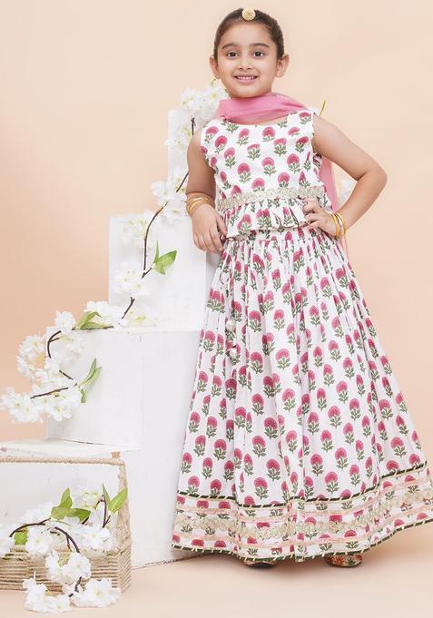 White Embellished Cotton Lehenga Set For Girls — view on Indya