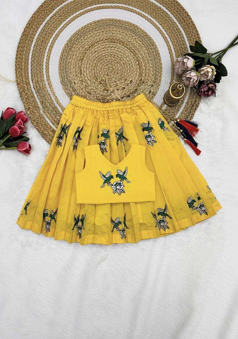 Yellow Embroidered Cotton Lehenga Set For Girls - Indya