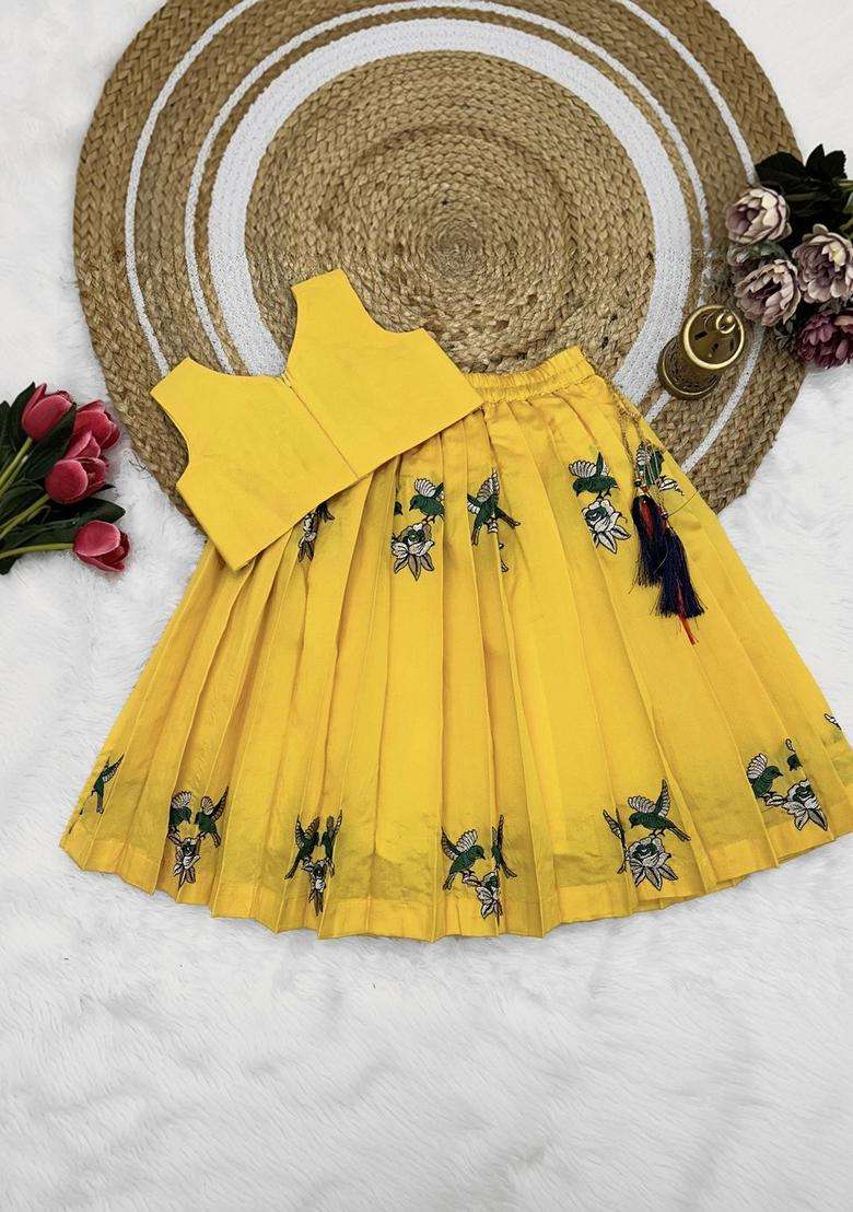 Yellow Embroidered Cotton Lehenga Set For Girls - Indya